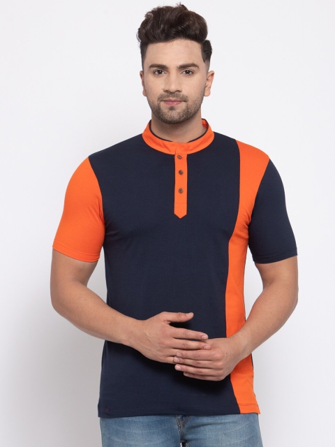 

Kalt Men Orange Colourblocked Mandarin Collar T-shirt