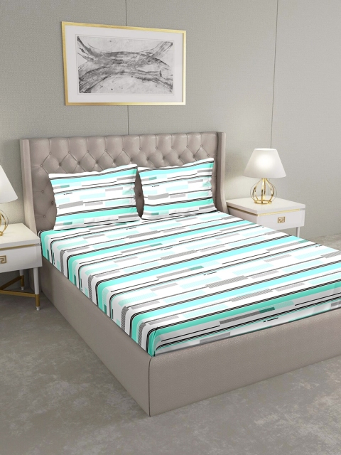 

BELLA CASA Sea Green & White Striped 124 TC Cotton 1 King Bedsheet with 2 Pillow Covers