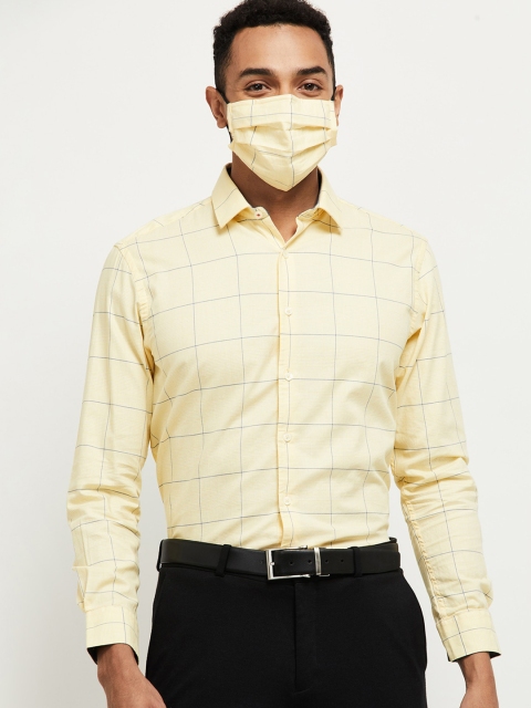 

max Men Yellow Slim Fit Checked Cotton Casual Shirt with Mask