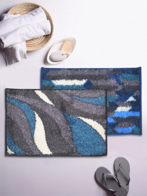 

BIANCA Set Of 2 Printed Microfibre Anti-Skid Bath Rugs, Blue