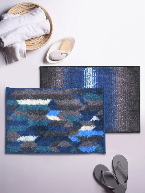 

BIANCA Set Of 2 Printed 1850 GSM Microfibre Anti-Skid Bath Rugs, Blue
