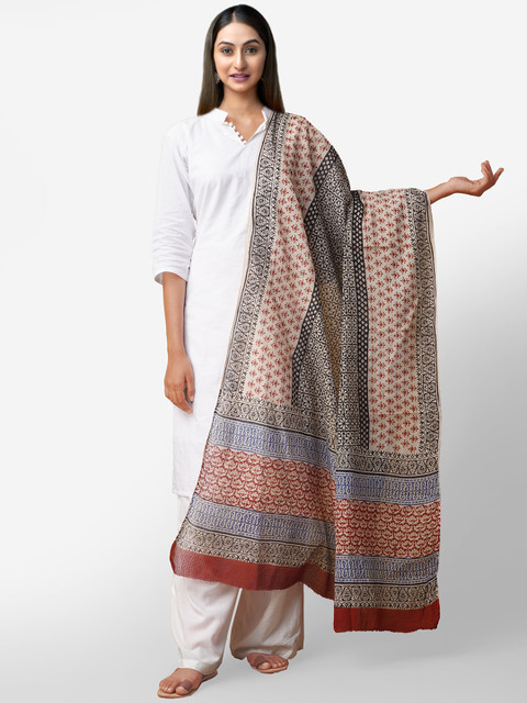 

Unnati Silks Cream-Coloured & Brown Printed Dupatta