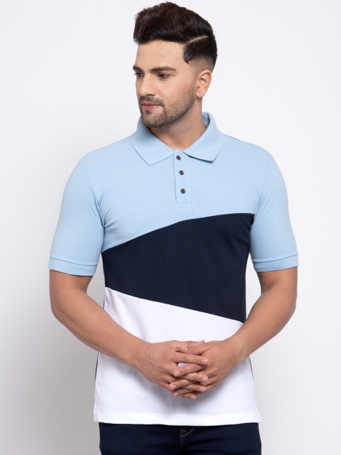 

Kalt Men Blue & White Colourblocked Polo Collar T-shirt
