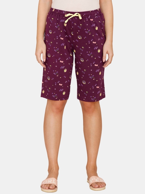 Zivame Women Purple Printed Loose Fit Regular Shorts