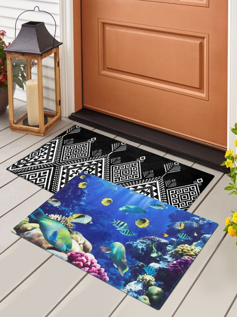 

Story@home Set Of 2 Printed Anti-Skid Doormats, Blue