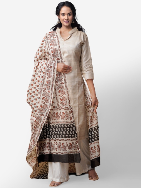 

Unnati Silks Cream-Coloured & Brown Printed Dupatta