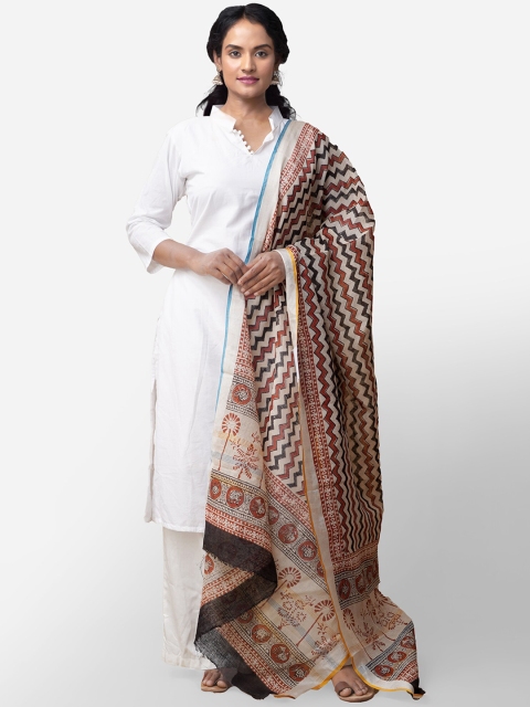 

Unnati Silks Cream-Coloured & Red Bagru Printed Handloom Linen Dupatta