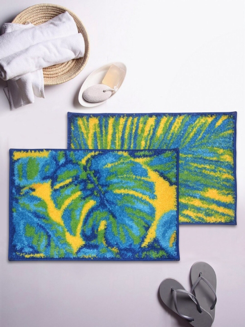 

BIANCA Set Of 2 Blue & Yellow Leaf Patterned 1850 GSM Anti-Skid Bath Rugs