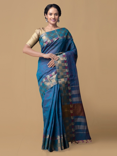 

Unnati Silks Blue Pure Cotton Printed Mysore Silk Handloom Saree