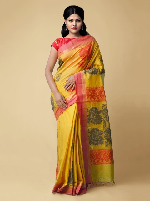 

Unnati Silks Yellow & Pink Pure Cotton Woven Design Handloom Uppada Saree