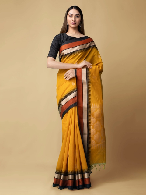 

Unnati Silks Yellow Silk Cotton Solid Kanjeevaram Saree