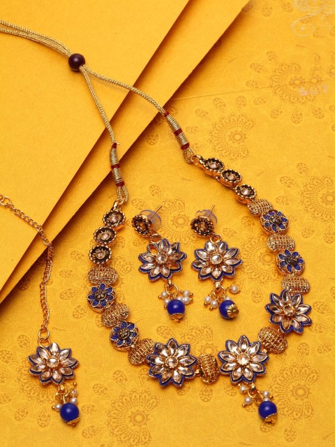 

ANIKAS CREATION Gold-Plated Blue & White Kundan Studded& Pearl beaded Enamelled Handcrafted Jewellery set