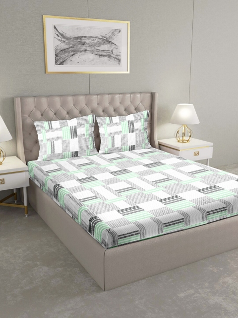 

BELLA CASA Green & Grey Geometric 124 TC Cotton 1 Extra Large Bedsheet with 2 Pillow Covers