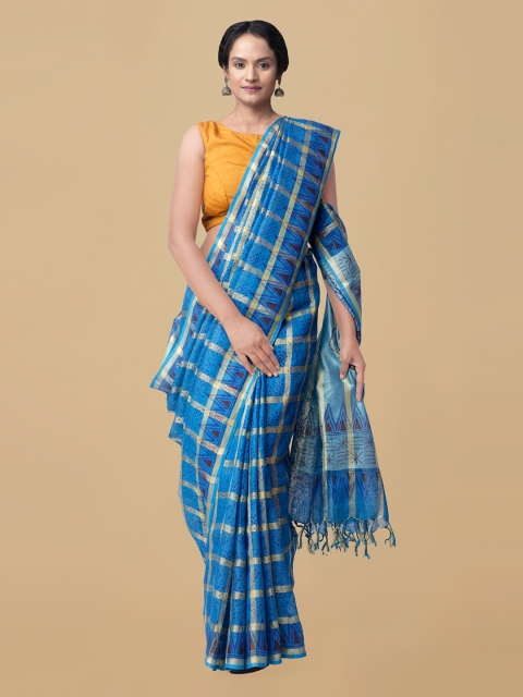 

Unnati Silks Blue Pure Linen Checked Jamdani Sustainable Saree