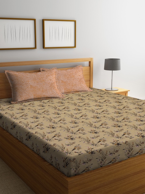 

Trident Beige & Mustard Yellow Floral 144 TC Cotton 1 King Bedsheet with 2 Pillow Covers