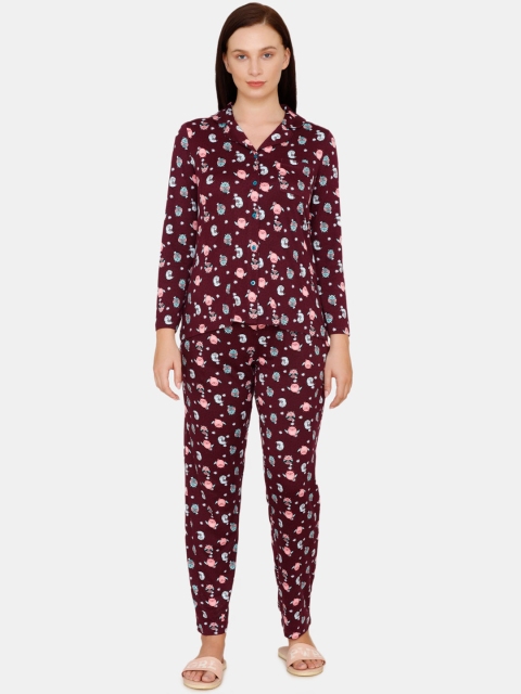 

Zivame Women Maroon & Blue Printed Night suit