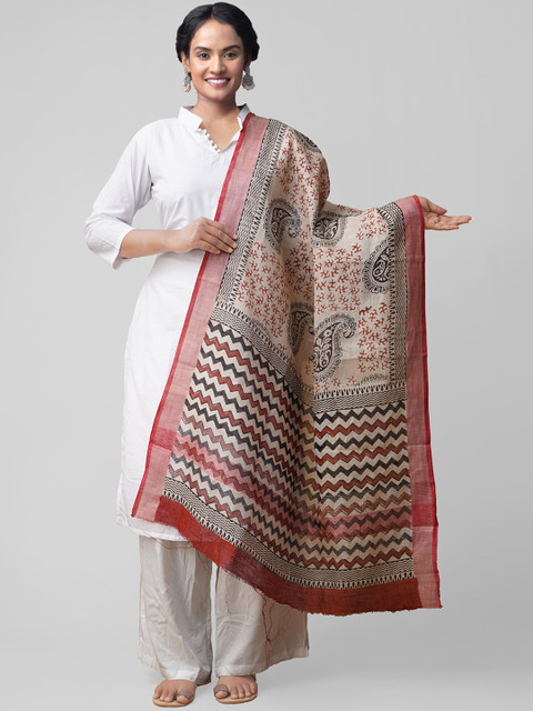 

Unnati Silks Cream-Coloured & Brown Bagru Printed Dupatta