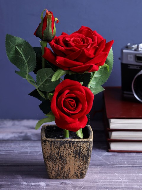 

A Vintage Affair- Home Decor Red Artificial Rose Flower In Textured Pot