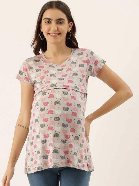 

GOLDSTROMS Women's Grey & Pink Printed Maternity Nursing Tunic