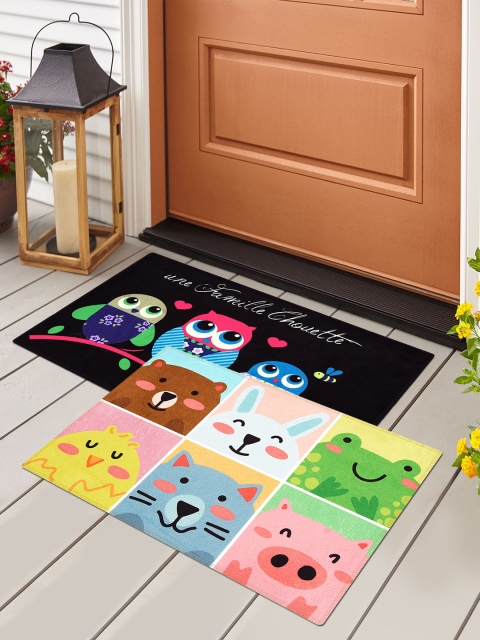 

Story@home Set Of 2 Patterned Velvet Finish Anti-Skid Door Mats, Black