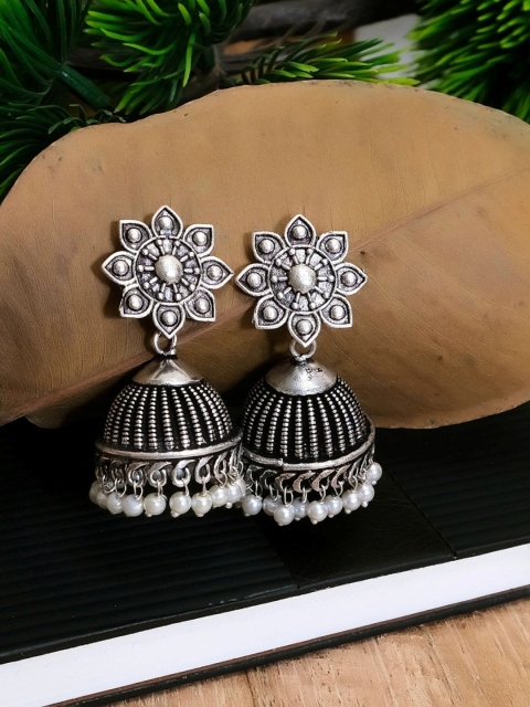 Crunchy Fashion Silver-Toned Floral Shaped Jhumkas