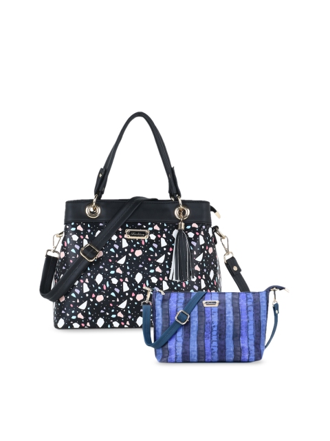 

WOMEN MARKS Black & Blue Printed Handheld Bag with Pouch
