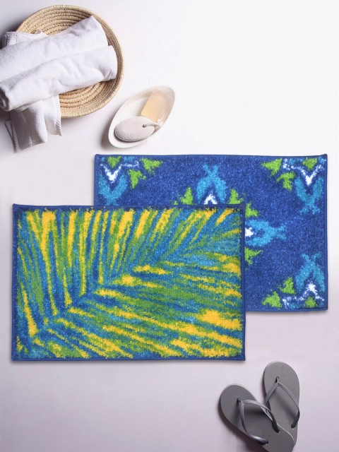 

BIANCA Set Of 2 Blue & Green Printed Anti-Skid Rubber Back Superdry Bath Rugs