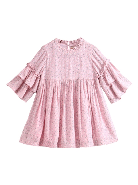 

Hugsntugs Girls Pink & Blue Floral Printed Cotton A-Line Dress
