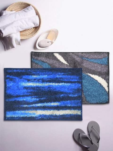 

BIANCA Set of 2 Blue & Grey Printed Anti-Skid Rectangular Super Dry Bath Rugs