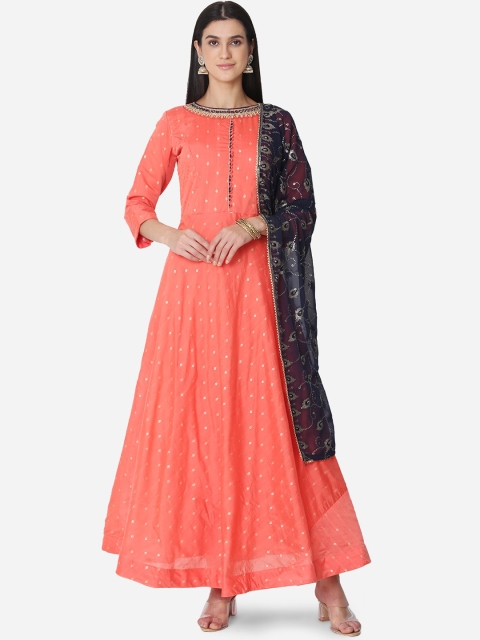 

BOMBAY SELECTIONS Women Coral Yoke Design Pleated Chanderi Cotton Kurta with Churidar & With Dupatta