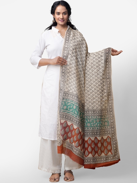 

Unnati Silks Cream-Coloured & Black Printed Dupatta