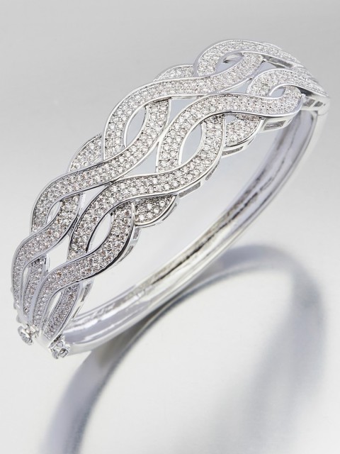 

shaze Women Silver-Toned & Rhodium-Plated CZ Bangle-Style Bracelet