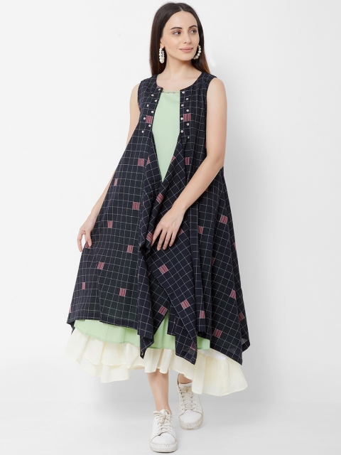 

ZOLA Women Green Solid Fit and Flare Layered Dress with Jacket