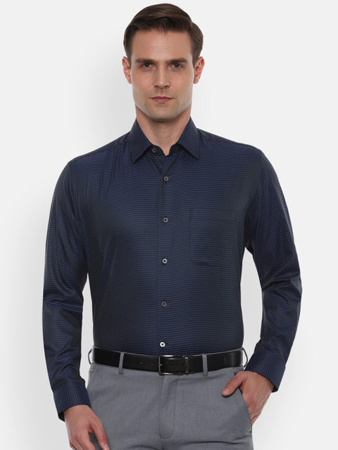 

Luxure by Louis Philippe Men Navy Blue & White Regular Fit Self Design Formal Shirt
