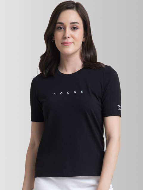 

FableStreet Women Black Printed Round Neck T-shirt