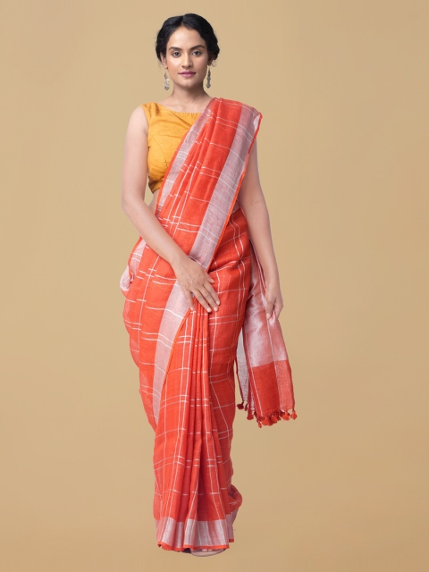 

Unnati Silks Orange Pure Linen Checked Handloom Jamdani Saree