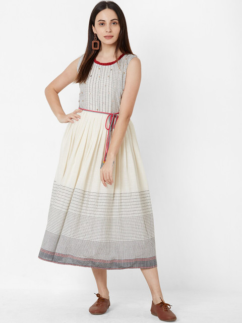 

ZOLA Women Off-White & Grey Checked Pure Cotton Fit and Flare Dress