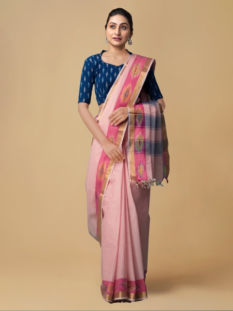 

Unnati Silks Pink Pure Cotton Solid Ikat Sambalpuri Sustainable Saree