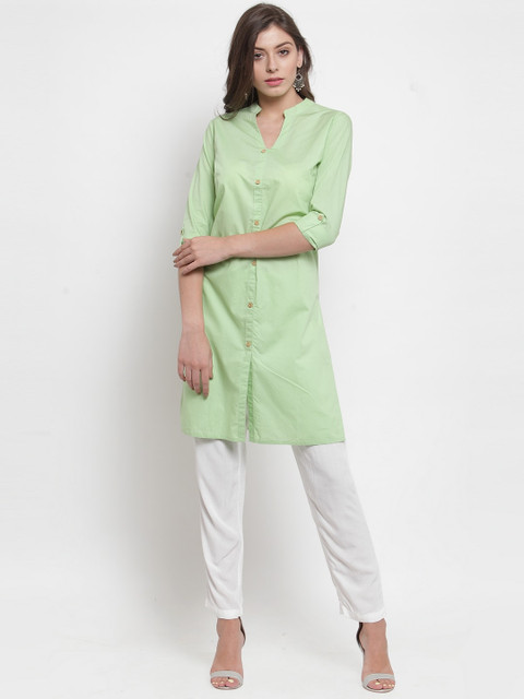 

Purple State Women Green & White Solid Kurti with Trousers