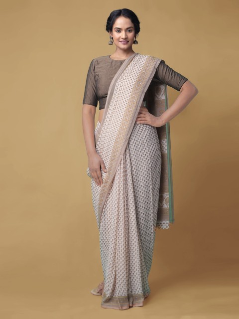 

Unnati Silks Cream-Coloured & Beige Pure Chiffon Printed Handloom Bhagalpuri Saree