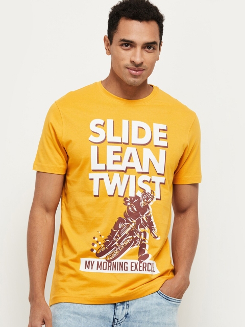 

max Men Yellow Printed Round Neck Pure Cotton T-shirt