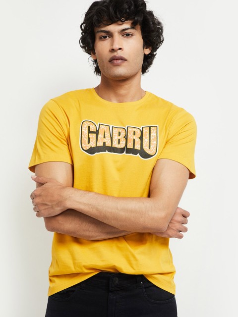 

max Men Yellow Printed Cotton Round Neck Pure Cotton T-shirt