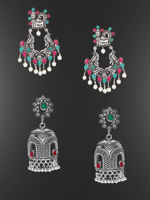 

OOMPH Silver-Toned & Green Contemporary Jhumkas