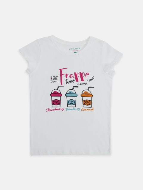 

Pantaloons Junior Girls White Printed Cotton Round Neck Pure Cotton T-shirt