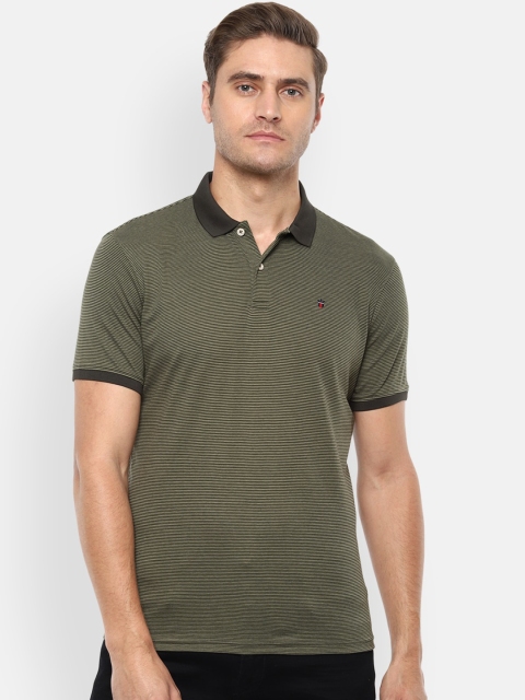 

Louis Philippe Sport Men Olive Green Striped Polo Collar T-shirt