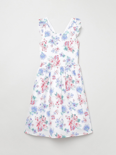 

max Girls White & Blue Printed Fit and Flare Dress
