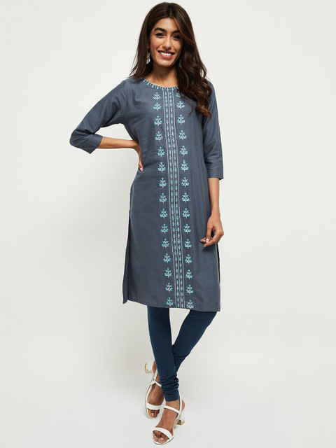 

max Women Grey & Blue Floral Embroidered Thread Work Kurta