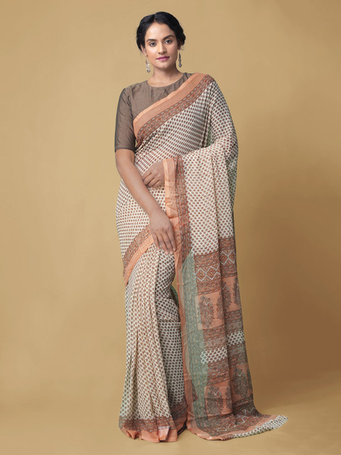 

Unnati Silks Cream-Coloured Printed Pure Chiffon Bhagalpuri Saree