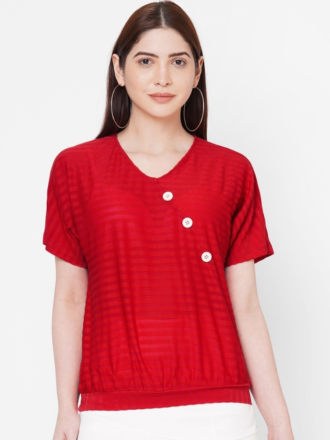 

109F Red Striped Blouson Top