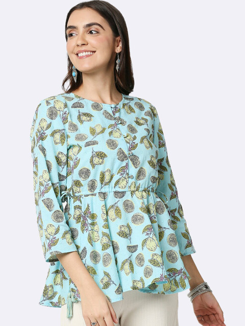 

Bewakoof Blue Printed Pure Cotton Cinched Waist Top